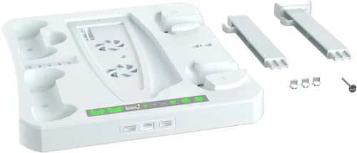 Vista 7 de SINBEAUTIES para estación de carga del controlador PSVR2, estación de carga de 5 manijas Playstation y soporte de ventilador de refrigeración