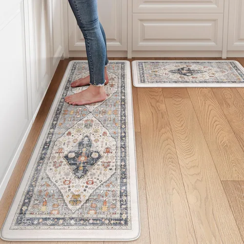 Vista 26 de Collive Alfombras y Tapetes Boho para Cocina 2 PIEZAS Alfombra Antifatiga Acolchada, Juego de 2 Alfombras de Cocina Impermeables Antideslizantes