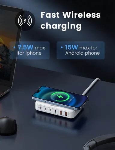 Vista 2 de Cargador de escritorio 6 en 1: USB de 100 W con 15 W inalámbrico, 2 puertos USB A y 4 puertos USB C para iPhone, iPad, MacBook, laptop, dispositivos