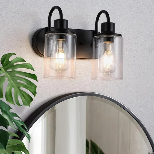 Lámpara de baño negra mate sobre espejo, lámpara de tocador de baño de 2 luces con pantalla de vidrio transparente, apliques de pared modernos de