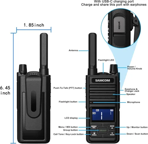 Vista 7 de SAMCOM Radio T2 GMRS de 2 W de largo alcance Walkie Talkie NOAA recargable para el clima, radio bidireccional resistente, radios de llamadas
