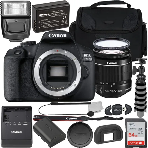 Canon Cámara DSLR EOS 2000D (Rebel T7) con lente EF-S 0.709-2.165 in f/3.5-5.6 is II + 64 GB SDXC, flash digital, batería de repuesto de vida
