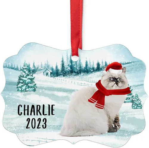 Sombrero y bufanda de Papá Noel de bienvenida, punto negro, gato del Himalaya, adornos de Navidad personalizados 2024 Benelux Aluminio Gatito Dueño