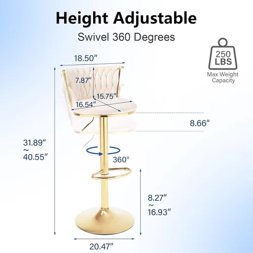Vista 3 de HANLIVES Juego de 4 taburetes de bar giratorios de terciopelo tejido, taburete de bar giratorio de 360 de altura ajustable con respaldo, taburetes