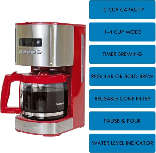 Vista 3 de Kenmore Aroma Control Cafetera programable para 12 tazas, Máquina de café por goteo roja y de acero inoxidable & Filtro de agua de carbón