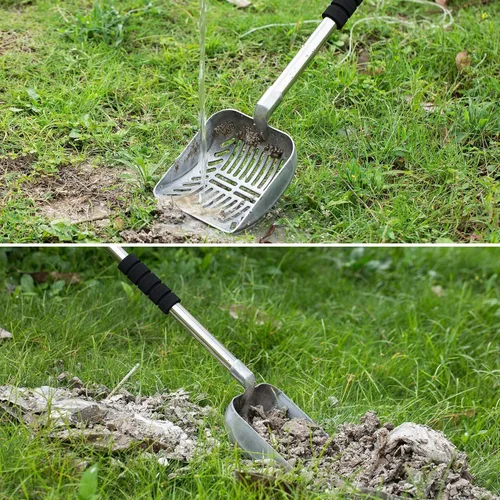 Vista 8 de Yangbaga Cuchara de arena de metal para gatos con pala profunda y mango largo, tamiz antiadherente desmontable de acero inoxidable con agarre