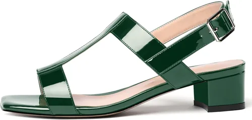 Vista 2 de SHOWFOREST Women's Solid Adjustable Strap Patent Outdoor Buckle Square Toe Casual Chunky Low Heel Heeled Sandals 1.5 Inch