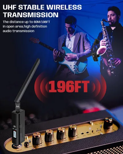 Vista 2 de Micrófono de saxofón, sistema de micrófono inalámbrico recargable UHF con transmisor y receptor de rango de 196 pies, micrófono de condensador