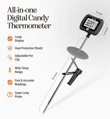 Vista 3 de Digital Candy Thermometer with Pot Clip, 10" Long Stainless Steel Probe, Instant Read Kitchen Thermometer for Cooking, Baking, and Candy Making Dark