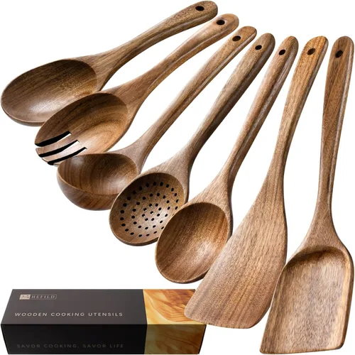 Vista 9 de cucharas de madera para cocinar, juego de utensilios de cocina antiadherentes con 10 piezas de espátulas y cucharas de madera de acacia