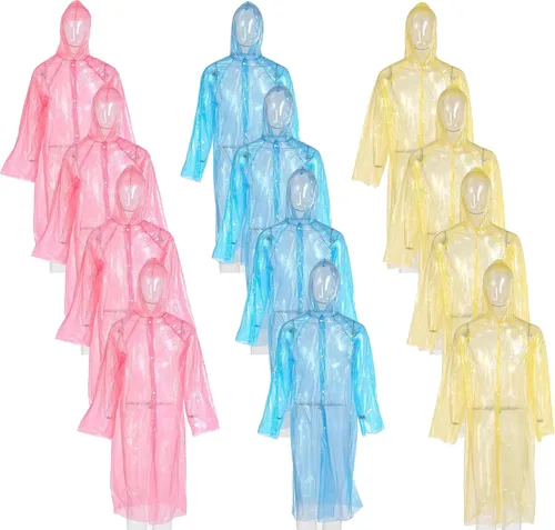 Paquete de 12 ponchos de lluvia transparentes con capucha para adultos, familia, 3 colores, impermeables de emergencia de 51.1 pulgadas