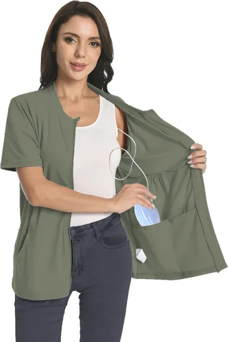 Vista 7 de Camisas con cremallera para después de la mastectomía con bolsillos de drenaje, ropa imprescindible para recuperación de cirugía, cómodas camisas