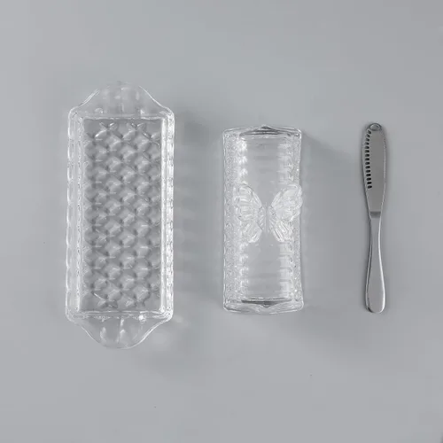 Vista 7 de HOWOK - Mantequillera de cristal con tapa y cuchillo de mantequilla de acero inoxidable, mango de mariposa, cubierta gruesa, soporte