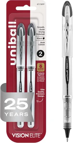 Uniball Vision Elite - Bolígrafos de punta redonda (0.031 in), negro, paquete de 2 unidades