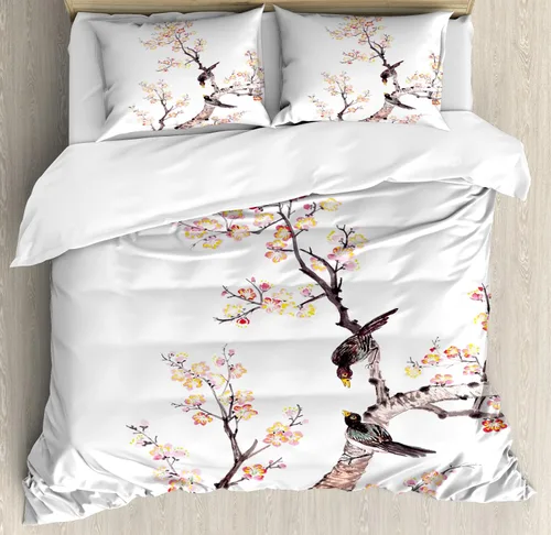 Vista 14 de Ambesonne Hawaii - Juego de funda de edredón de verano, palmeras y hojas exóticas de helecho, fondo colorido abstracto, juego de ropa de cama