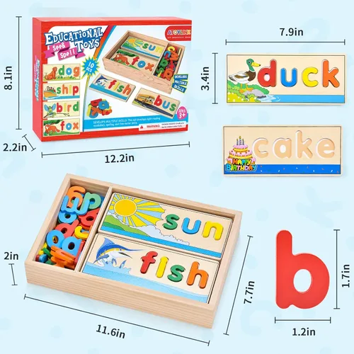Vista 7 de Atoylink - Juguetes de aprendizaje de ortografía de madera para niños de 2, 3, 4, 5 años, juego de mesa de ortografía de letras coincidentes