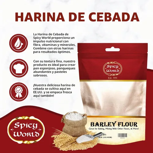 Vista 2 de Spicy World Harina de cebada – Bolsa de 4 libras (64 onzas) Totalmente natural, cruda, cultivada en Estados Unidos Grano de cebada versátil
