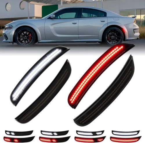 Vista 12 de Luces LED de marcador lateral rojo ámbar para Dodge Charger SRT Hellcat Scat Pack 2015 2016 2017 2018 2019 2020 2021 2022 2023 2024, kit de lente