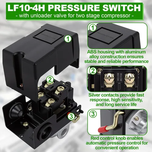 Vista 5 de Interruptor de presión del compresor de aire LF10-4H, 4 puertos 1/4 "NPT, interruptor de control de presión de 95-125 PSI para reemplazo de piezas