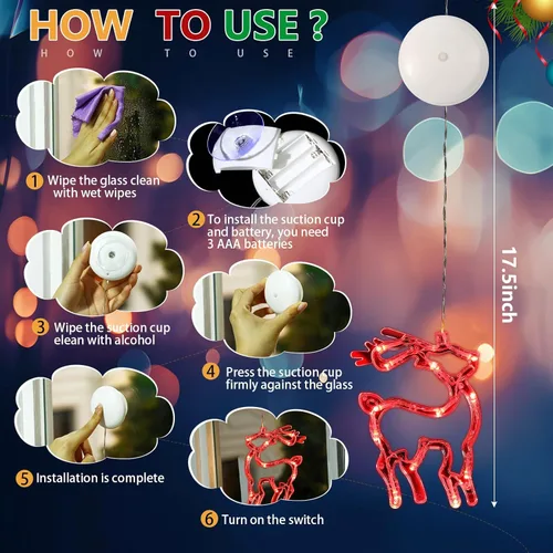 Vista 3 de Baquler 6 piezas de luces de ventana de Navidad con ventosa, luces colgantes para ventanas de Navidad que funcionan con pilas, Santa, reno, muñeco