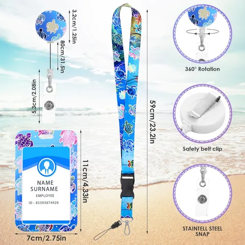 Vista 6 de cobee Sea Turtle ID Badge Holder with Lanyard, Marine Life Theme Retractable Badge Reel Clip and Detachable Lanyards with Card Holder Protector for