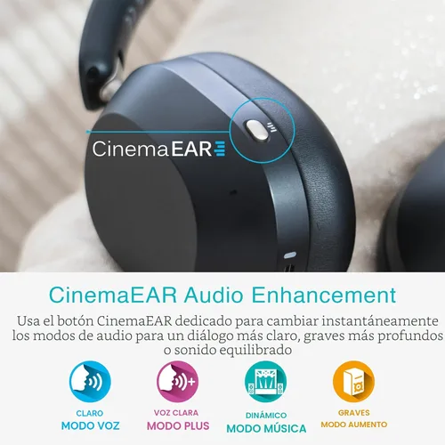 Vista 5 de MEE audio Matrix Cinema 3D 2026 Auriculares Bluetooth sobre la oreja con almohadilla de carga inalámbrica para TV; cancelación activa de ruido