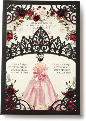 Vista 9 de 50 invitaciones de quinceañera con corona negra perlada cortada con láser Invitaciones de cumpleaños florales burdeos para Sweet 16/Miss XV