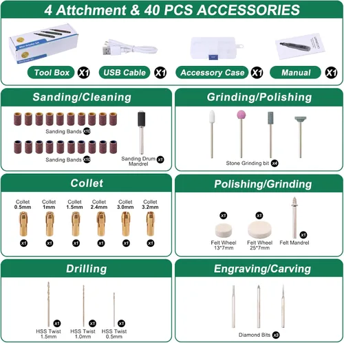 Vista 7 de WARMTUYO Herramienta rotativa inalámbrica kit de herramientas rotativas de carga USB de 3 velocidades con 40 accesorios herramienta rotativa