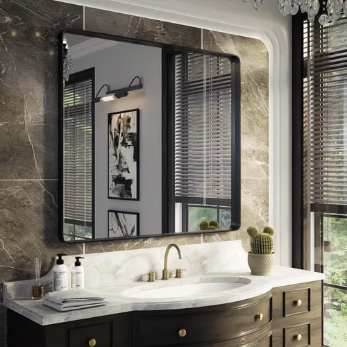 Vista 25 de ISKM Espejo de baño con marco de metal negro para pared de 40 x 32 pulgadas, espejo rectangular redondeado, antioxidante (horizontal/vertical)