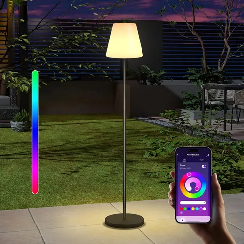 Vista 9 de Lámpara de pie para exteriores recargable por USB y solar Regulable RGB Blanco cálido LED para jardín Patio Redondo Base de 59 pulgadas Gris