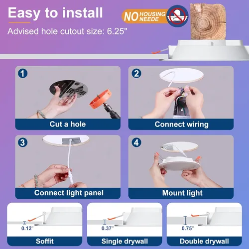 Vista 8 de Iluminación empotrable inteligente RGBCW de 6 pulgadas que cambia de color, Downlight LED de 16 W, con caja de conexiones, luz de techo empotrada