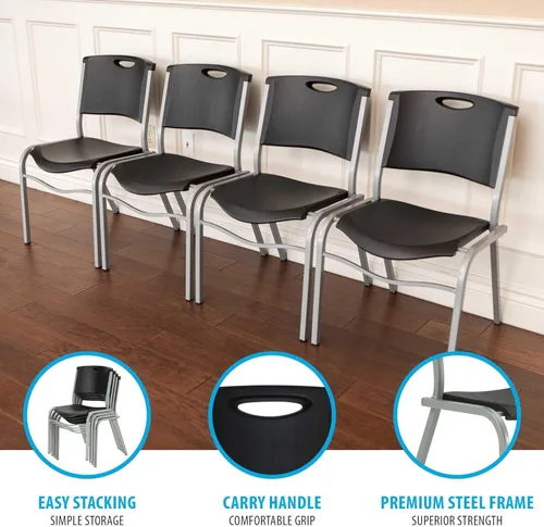 Vista 4 de Lifetime 42830 - Silla apilable, color negro con marco de acero plateado, paquete de 4