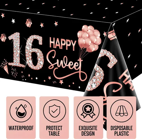 Vista 4 de Paquete de 3 manteles decorativos de cumpleaños dulce 16 para niñas, cubierta de mesa con temática de feliz cumpleaños dieciséis en oro rosa