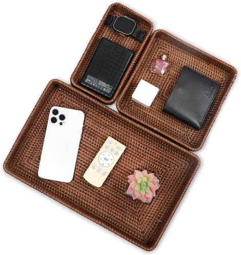 Vista 6 de Bandeja de servir de ratán, bandeja tejida rectangular, cestas decorativas de mimbre natural para organizar la mesa, baño, encimera de cocina Marrón