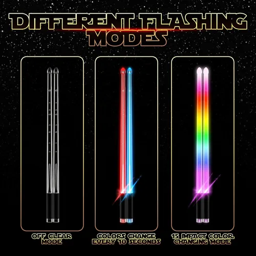 Vista 2 de Baquetas de Batería Sable de Luz que se Iluminan Star Wars Baquetas Iluminadas LED Recargables 10 Colores Únicos y 2 Colores que Cambian de Brillo