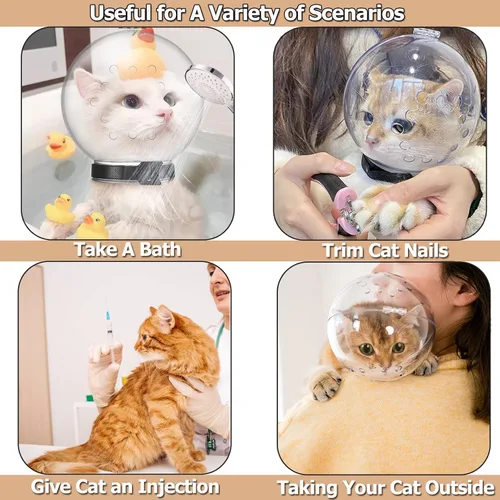 Vista 3 de Bozal transparente para gatos con capucha transpirable, casco de astronauta ajustable para gatito que evita que las mascotas muerdan, mastiquen y se