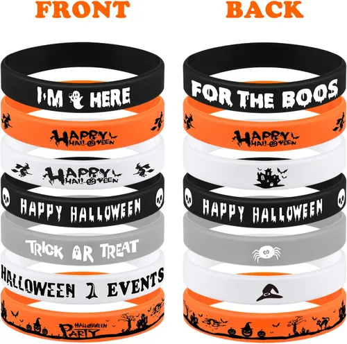 Vista 2 de FEPITO Pulsera de silicona para Halloween, 7 patrones clásicos de Halloween, pulseras de goma para Halloween, regalos de truco o trato, rellenos
