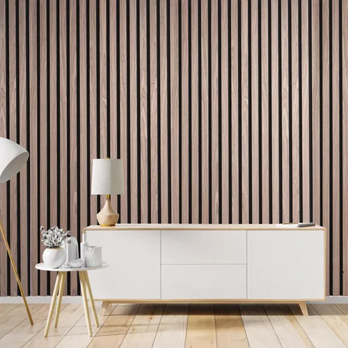 Vista 6 de MYOYAY Juego de 2 paneles de pared de madera acústica que absorben el sonido, para pared y techo, panel de pared de listones de madera 3D de 47.2 x
