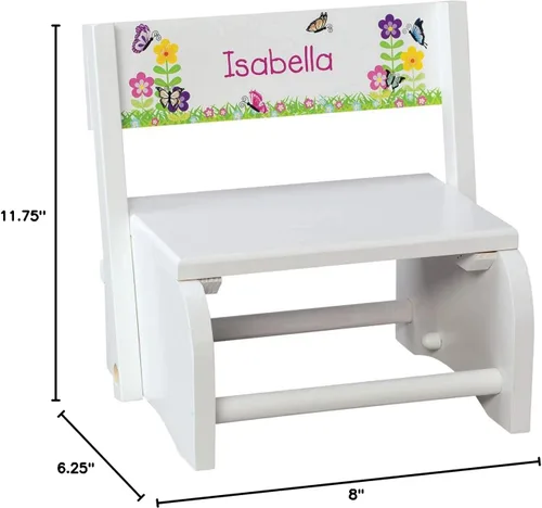 Vista 9 de Fox Valley Traders Taburete y silla 2 en 1 para niños, madera blanca, diseño de animales del bosque con nombre personalizado