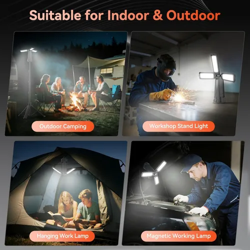 Vista 2 de AKOFUN Luz de campamento recargable de 15000 mAh con soporte, luz de trabajo inalámbrica con 3 cabezales de lámpara LED, 5500 lúmenes regulables