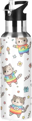 Cute Cartoon Cats Rainbow Insulated Stainless Steel Water Bottle with Straw 20 Oz, BPA-Free Sports Water Bottle with Straw Leakproof Water Bottles
