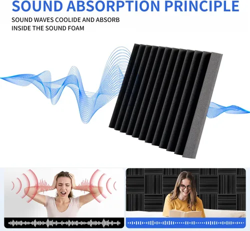 Vista 2 de Paneles de espuma acústica, paneles de espuma acústica con cuña de 2 x 12 x 12 pulgadas, autoadhesivos de algodón de alta densidad que absorbe