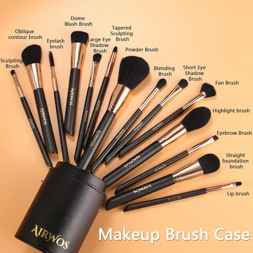Vista 2 de AirWos® Juego de 14 brochas de maquillaje profesional con estuche, base sintética, polvo, sombra de ojos, brochas correctoras con asas de perlas