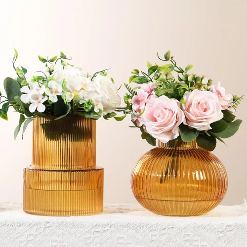 Vista 56 de Jarrón redondo de cristal, floreros para ramo, jarrones de vidrio acanalado para flores, pequeño jarrón transparente para sala de estar, oficina