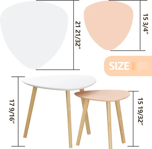 Vista 9 de BAMEOS Juego de 2 mesas auxiliares triangulares de bambú, mesa auxiliar moderna minimalista para sala de estar (blanco mármol)