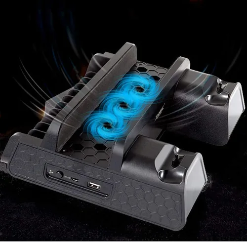 Vista 2 de Base de carga de estación de ventilador de refrigeración para Playstation 4 estación de carga de controlador con ranuras de juego para Playstation 4