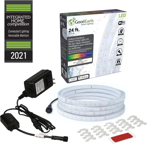 Good Earth Lighting Tira de luz LED inteligente de 24 pies en color blanco, luces RGBW que cambian de color para interiores o exteriores, 1300