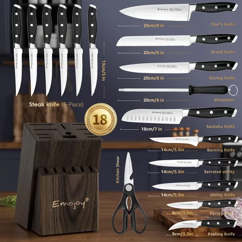 Vista 2 de Emojoy Juego de cuchillos de cocina de 18 piezas con bloque de madera, afilado manual para juego de cuchillos de chef, acero inoxidable alemán