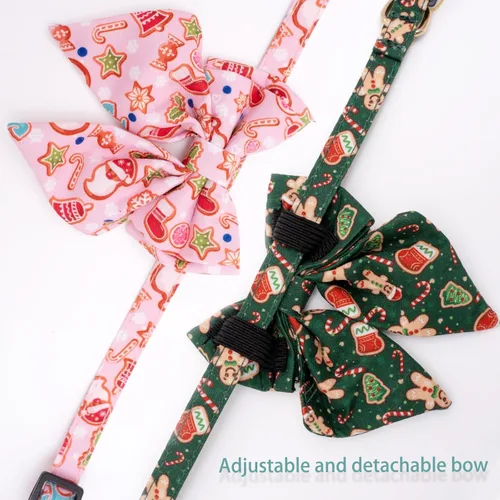 Vista 3 de Faygarsle Paquete de 2 collares navideños para gatos con pajarita, collar de invierno rosa y verde para niños y niñas