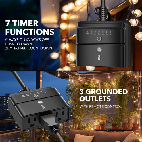 Vista 5 de BN-LINK - Temporizador de luz para exteriores, controlador impermeable de atardecer a amanecer con 2 tomas de tierra para luces de cadena de Navidad